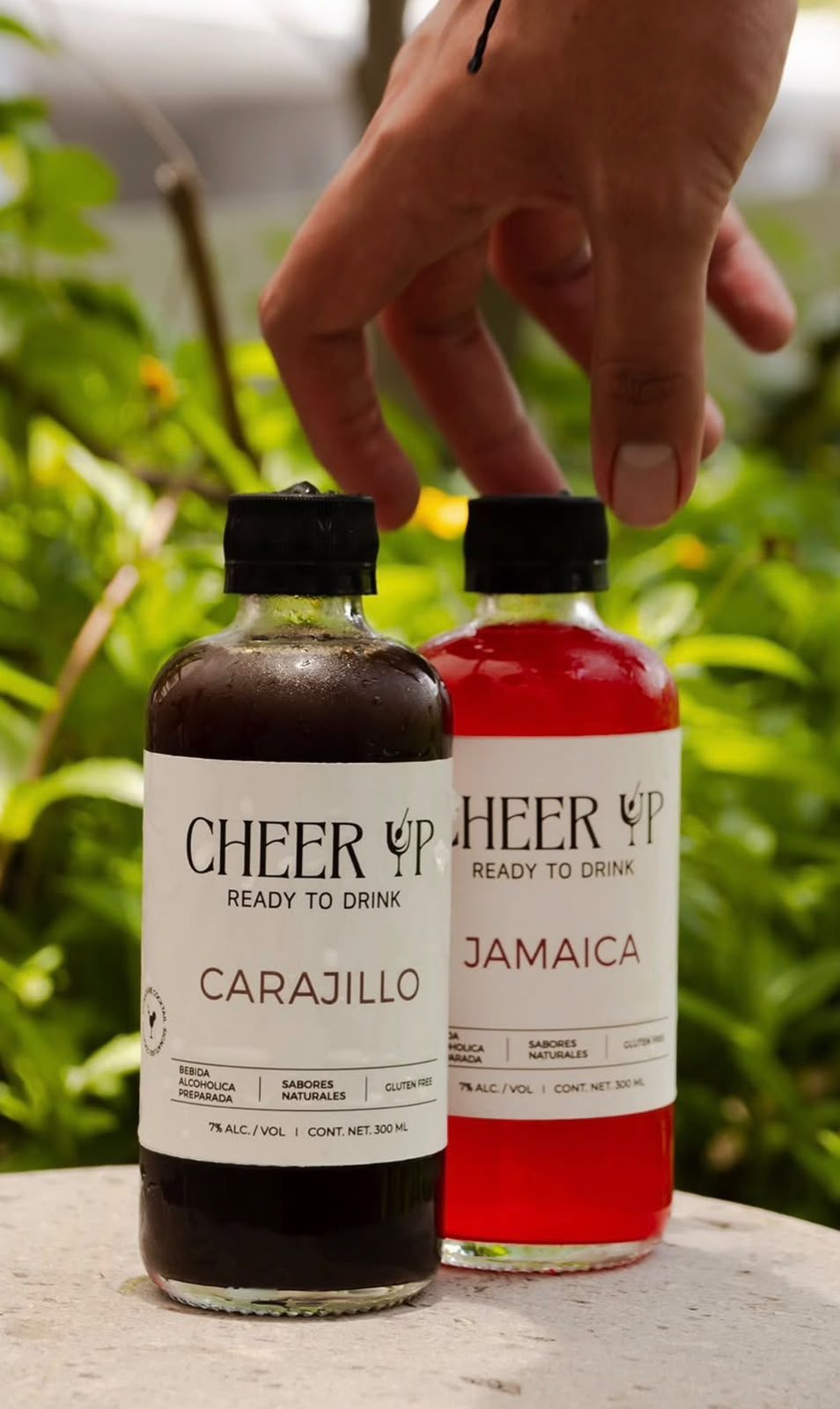 Botellas de Cheer Up Carajillo y Jamaica al aire libre