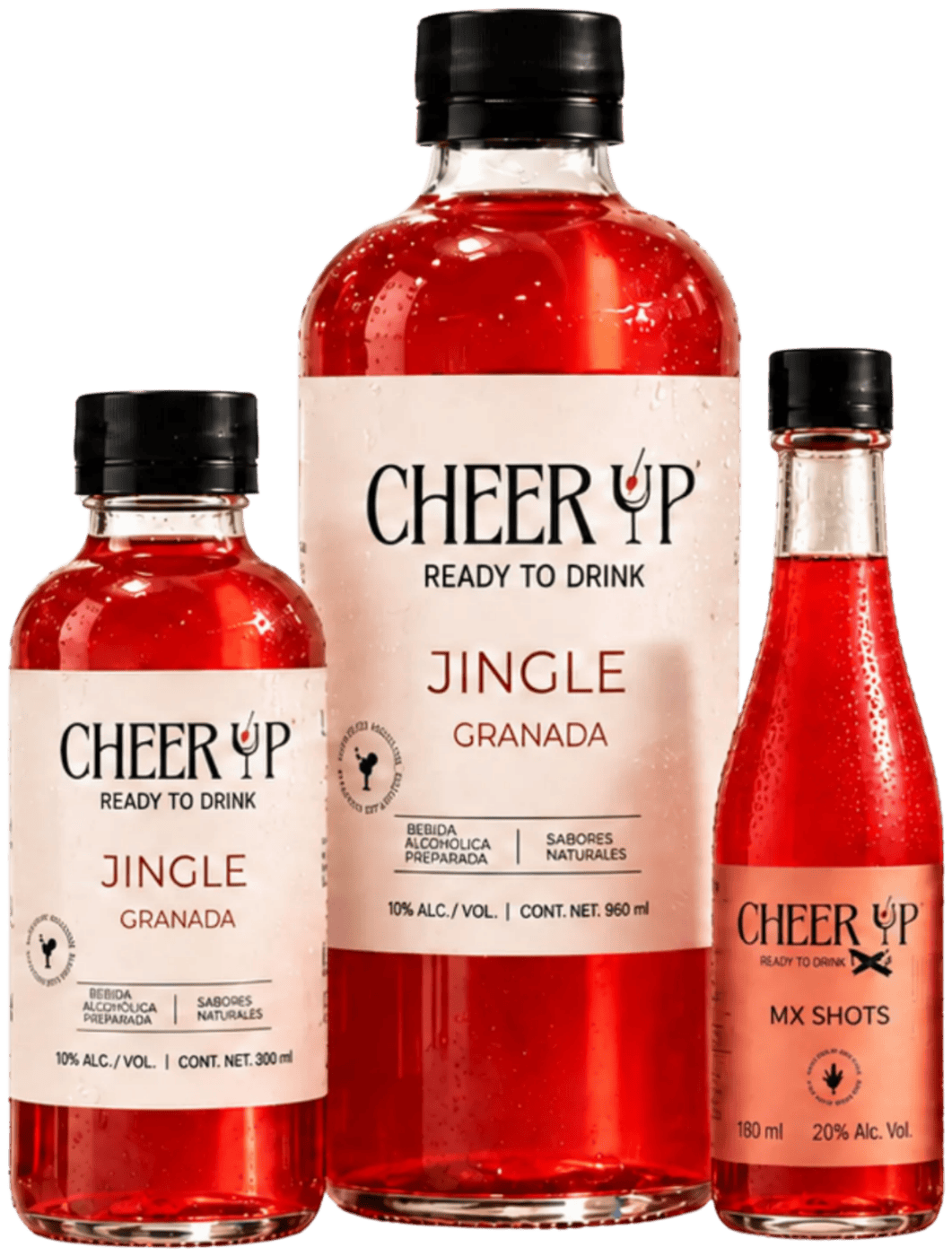 Cheer Up 300 ml, Cheer Up 960 ml y Cheer Up Mx Shots juntos